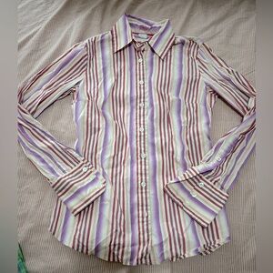 70s/80s Retro J.Crew Button-Up – Cream with Red, Purple & Pink Pinstripes